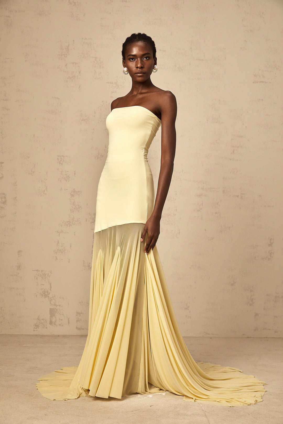 Morgan & Brooke | Yellow Off-Shoulder Sheer Tulle Maxi Dress