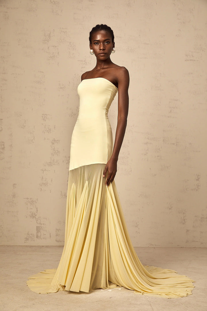 Morgan & Brooke | Yellow Off-Shoulder Sheer Tulle Maxi Dress