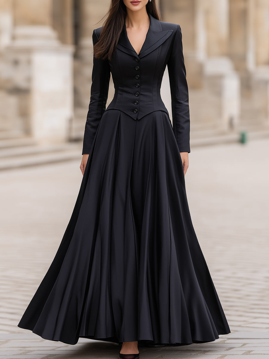 Morgan & Brooke | Black Tailored-Waist Long-Sleeve Crepe Maxi Dress
