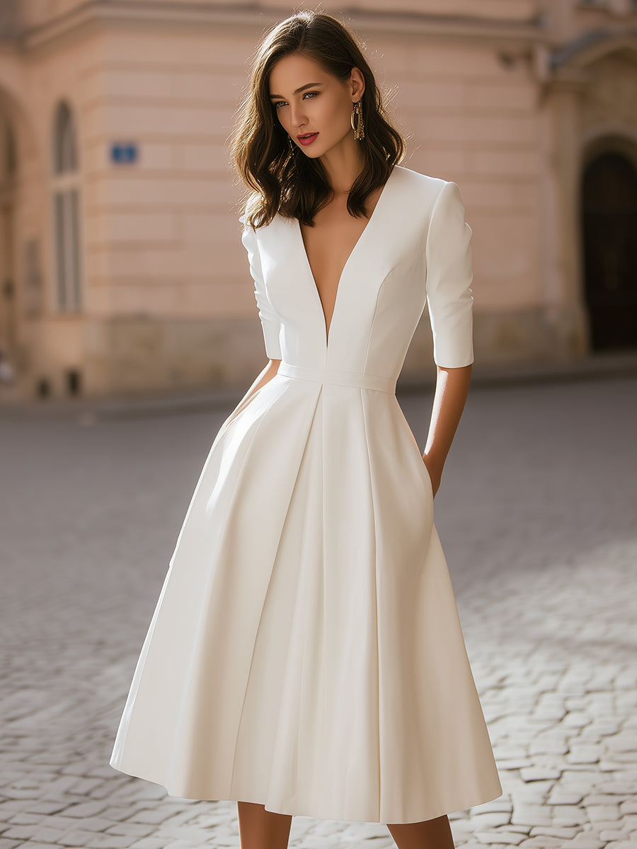 Morgan & Brooke | Deep V-Neck Pleated A-Line Midi Dress