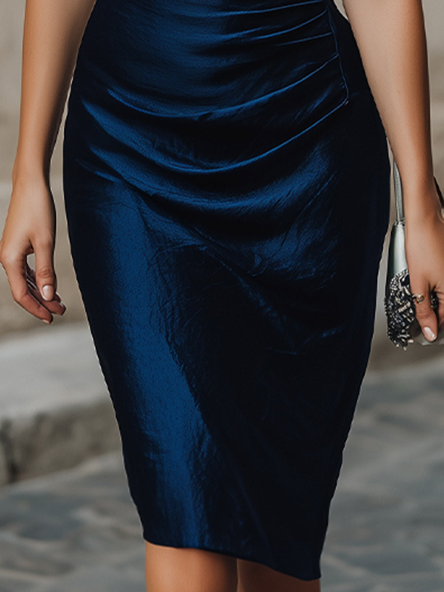 Morgan & Brooke | Midnight Asymmetrical Ruched Stretch Jersey Midi Dress