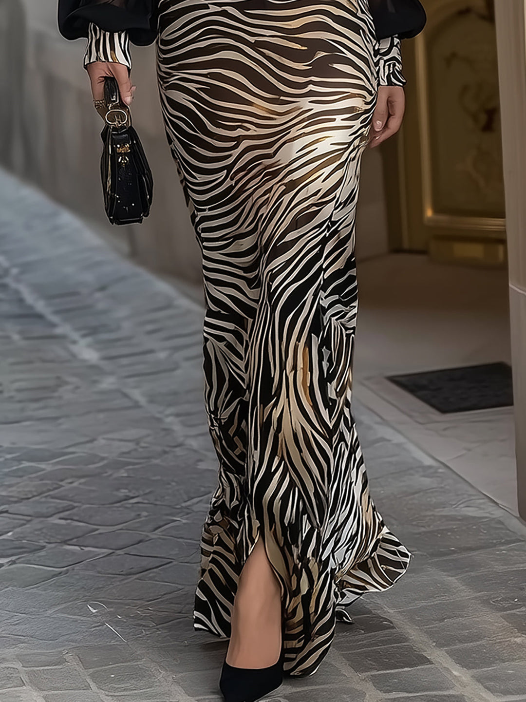 Morgan & Brooke | Black Sheer-Sleeve Zebra Print Maxi Dress