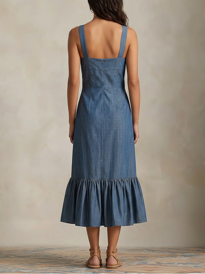 Morgan & Brooke | Light Blue Button-Front Ruffle-Hem Chambray Midi Dress