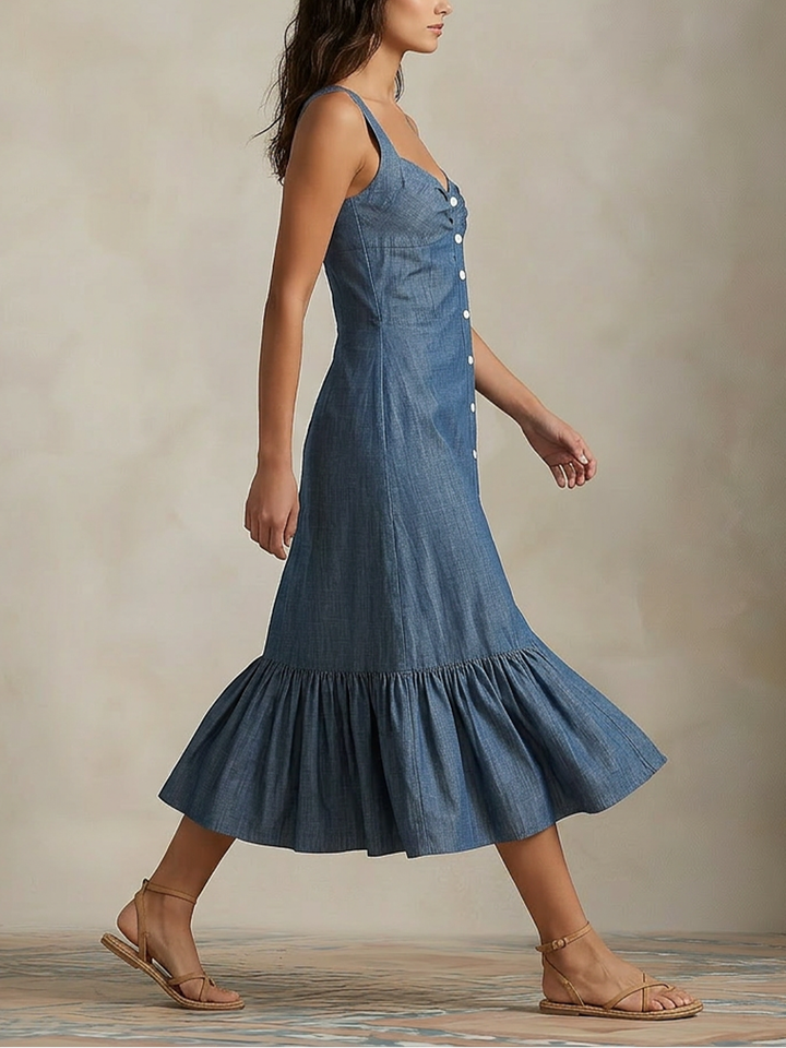 Morgan & Brooke | Light Blue Button-Front Ruffle-Hem Chambray Midi Dress