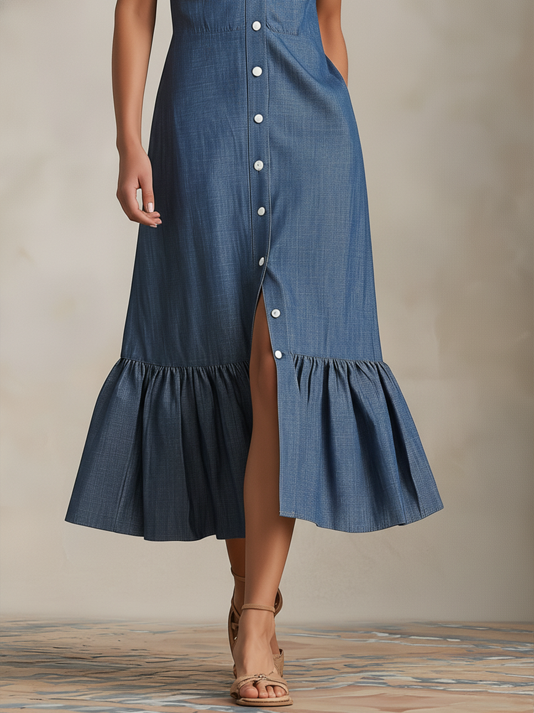 Morgan & Brooke | Light Blue Button-Front Ruffle-Hem Chambray Midi Dress
