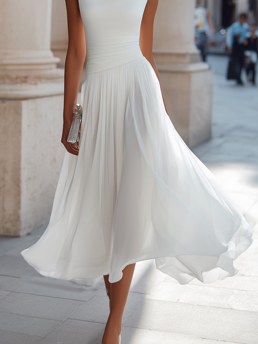 Morgan & Brooke | Draped Neck Sleeveless Pleated Midi Dress