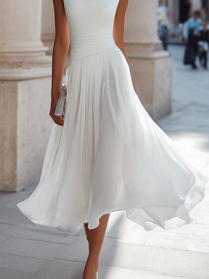 Morgan & Brooke | Draped Neck Sleeveless Pleated Midi Dress