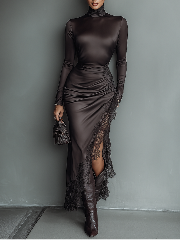 Morgan & Brooke | Dark Brown Satin Irregular Hem Dress