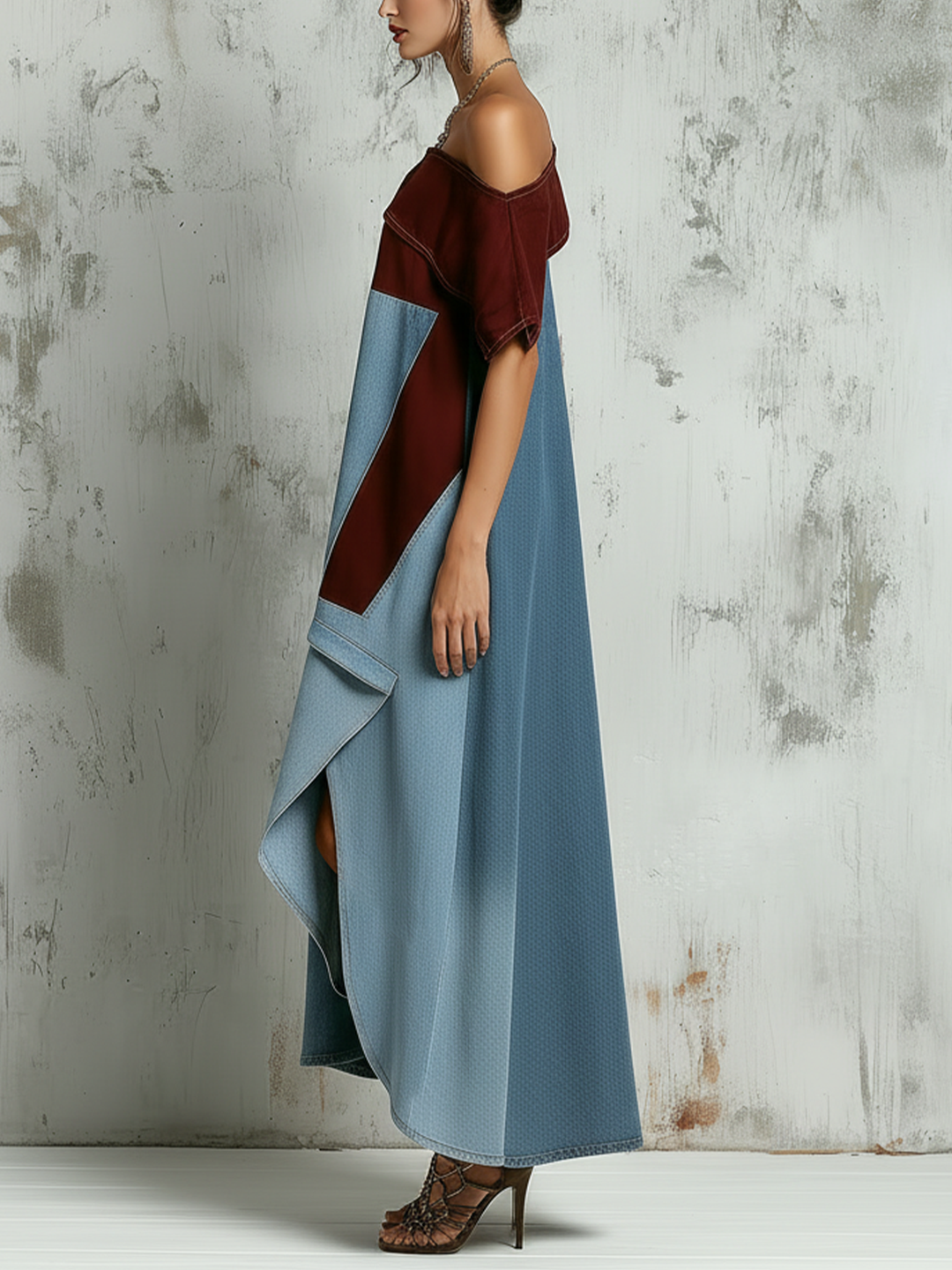 Morgan & Brooke | Blue Cold-Shoulder Patchwork Denim Maxi Dress