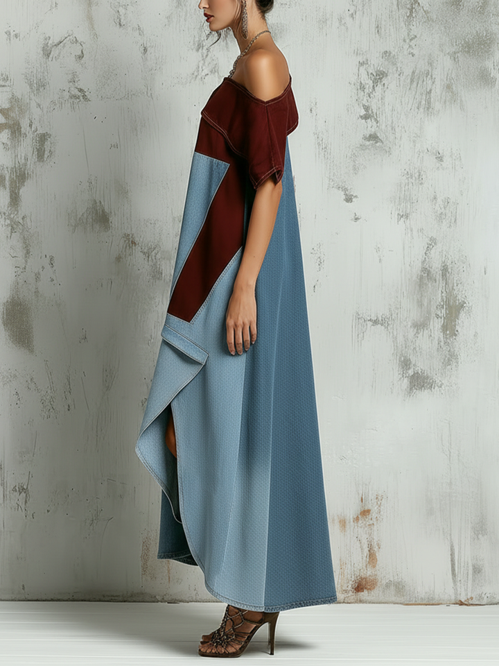 Morgan & Brooke | Blue Cold-Shoulder Patchwork Denim Maxi Dress