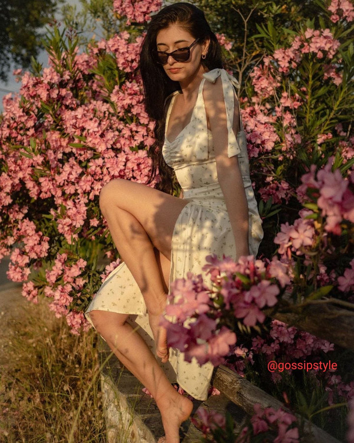 Morgan and Brooke | Light Green Satin Floral Tie Strap Midi Dress