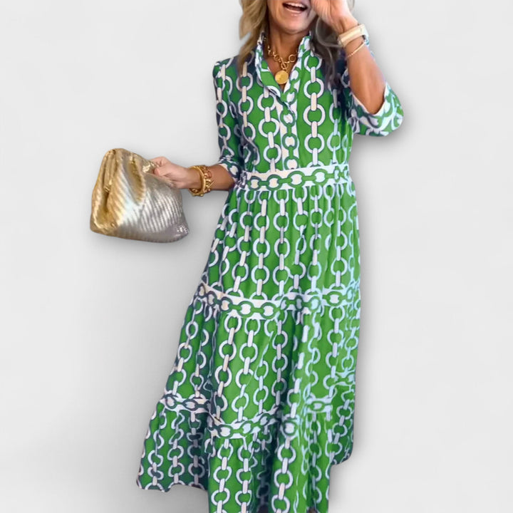 Morgan & Brooke | Black Midi Chain-Print Satin Dress