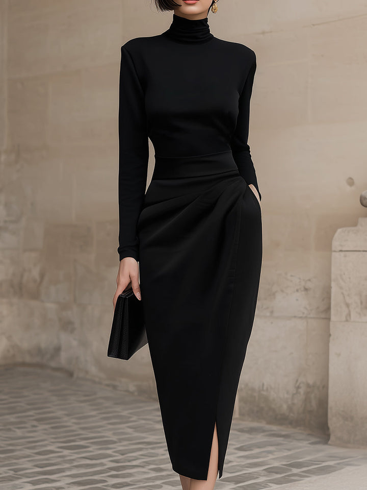 Morgan & Brooke | Black Turtleneck Draped Midi Dress