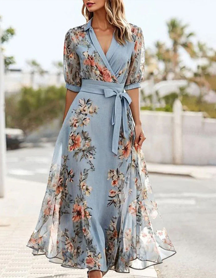 Morgan & Brooke | Blue Lapel Collar Printed Dress