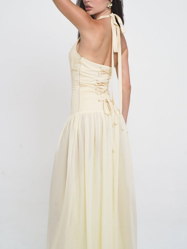 Morgan & Brooke | Fashion Halterneck Lace-Up Deep V-Neck Dress