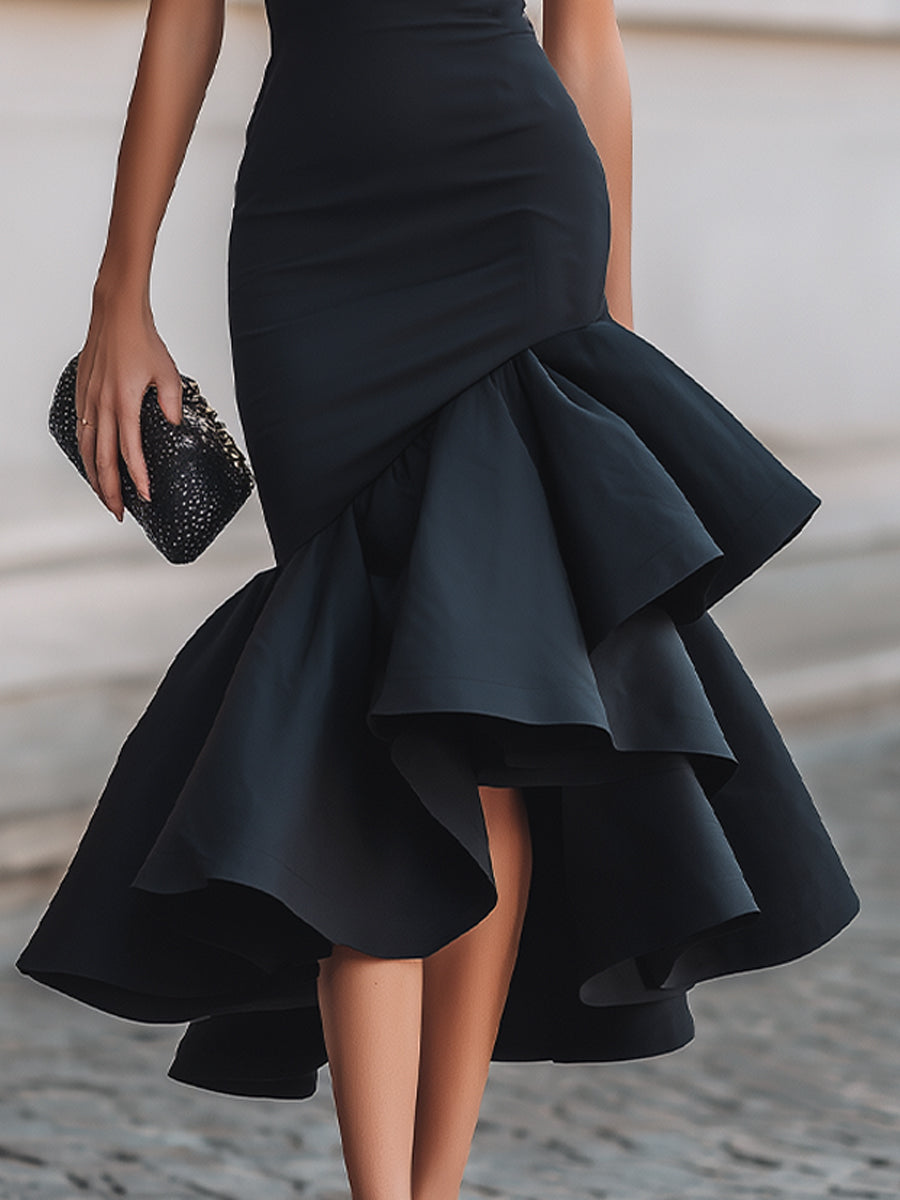 Morgan & Brooke | Asymmetrical Ruffle Hem Tailored Woven Midi Dress