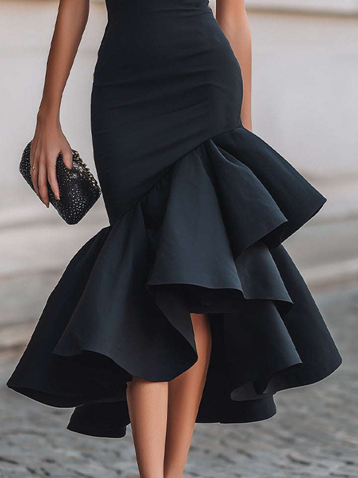 Morgan & Brooke | Asymmetrical Ruffle Hem Tailored Woven Midi Dress