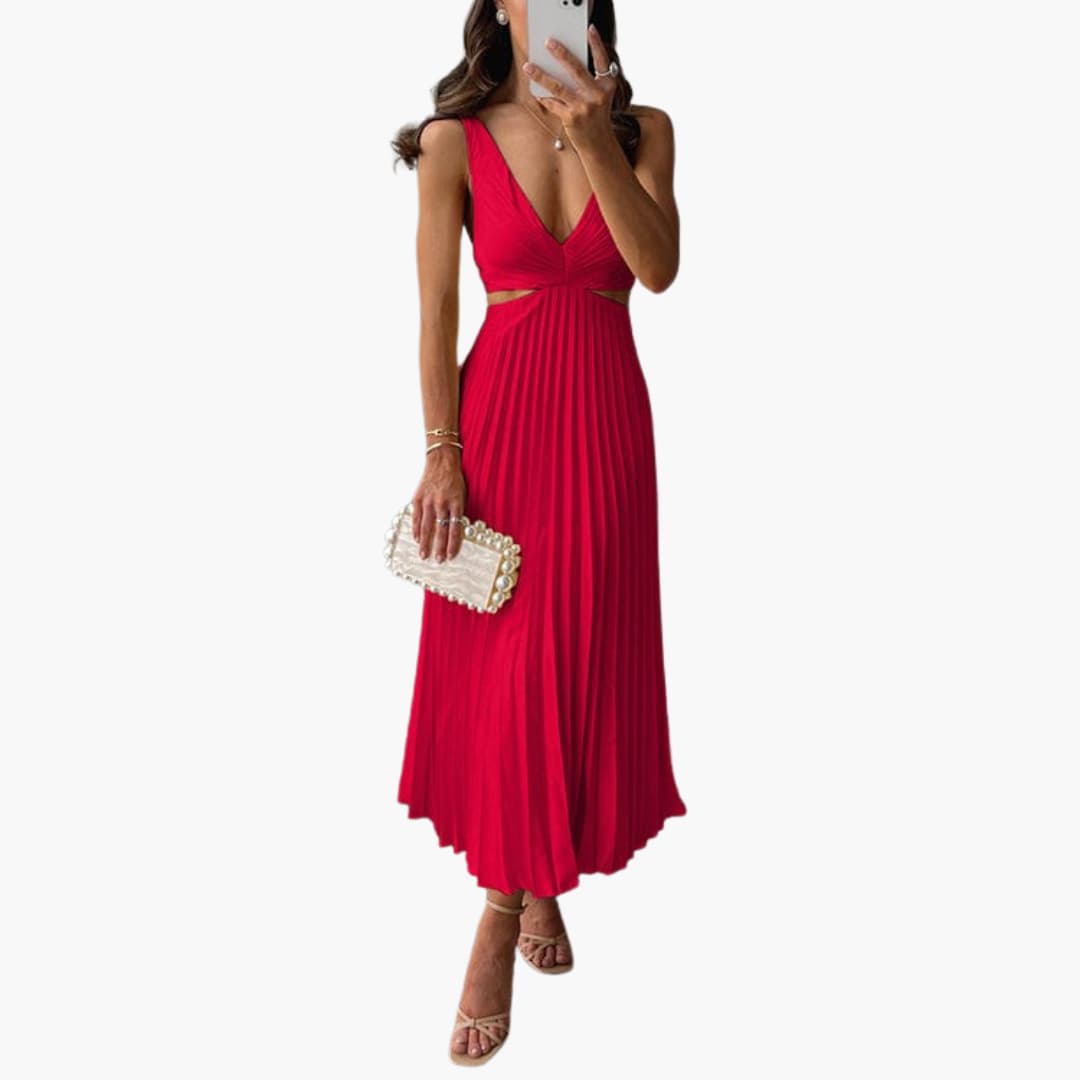 Morgan & Brooke | Ivory Pleated Neckline A-Line Crepe Dress