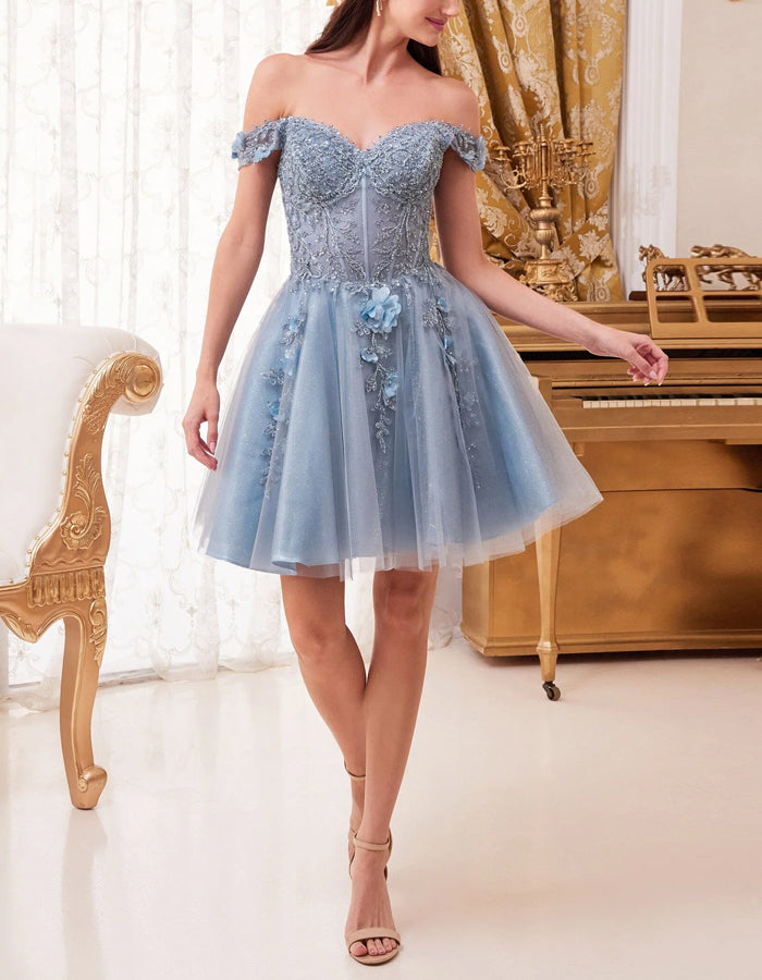 Morgan & Brooke | Sky Blue Tulle Cocktail Off-Shoulder Dress