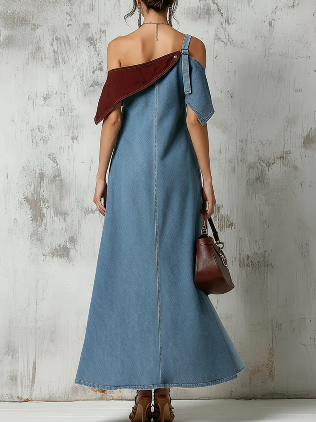 Morgan & Brooke | Blue Cold-Shoulder Patchwork Denim Maxi Dress