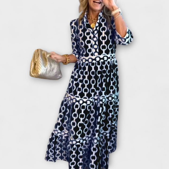 Morgan & Brooke | Black Midi Chain-Print Satin Dress
