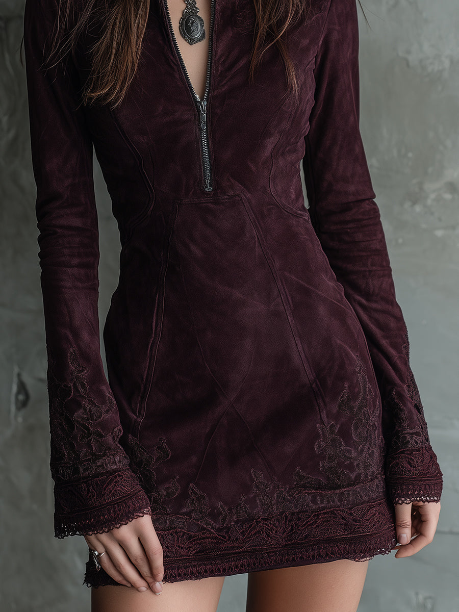 Morgan & Brooke | Vintage Suede Embroidered Lace Trim Dress