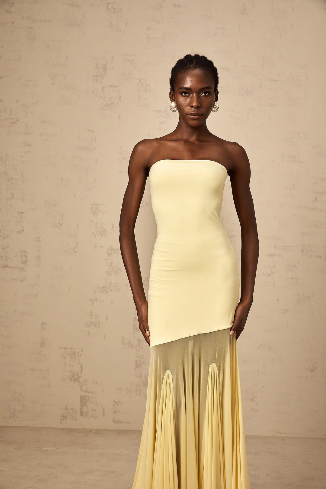 Morgan & Brooke | Yellow Off-Shoulder Sheer Tulle Maxi Dress