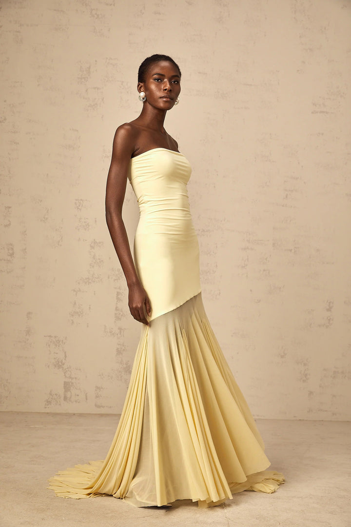 Morgan & Brooke | Yellow Off-Shoulder Sheer Tulle Maxi Dress