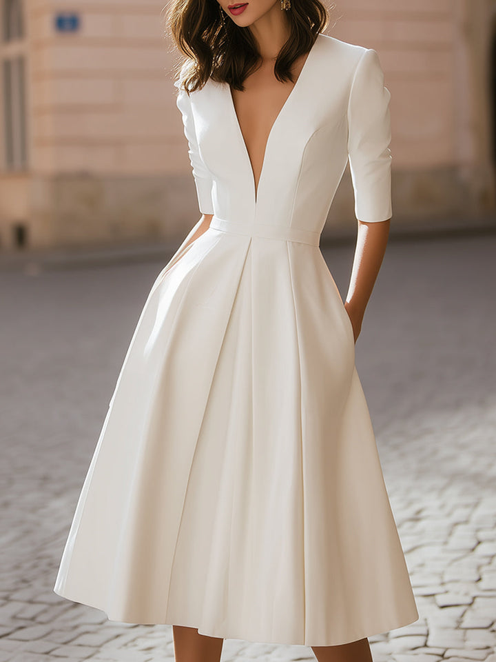 Morgan & Brooke | Deep V-Neck Pleated A-Line Midi Dress