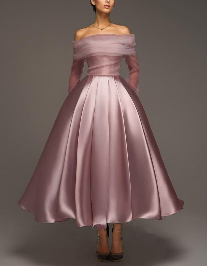 Morgan & Brooke | Pink Satin Strapless A-Line Shawl Dress
