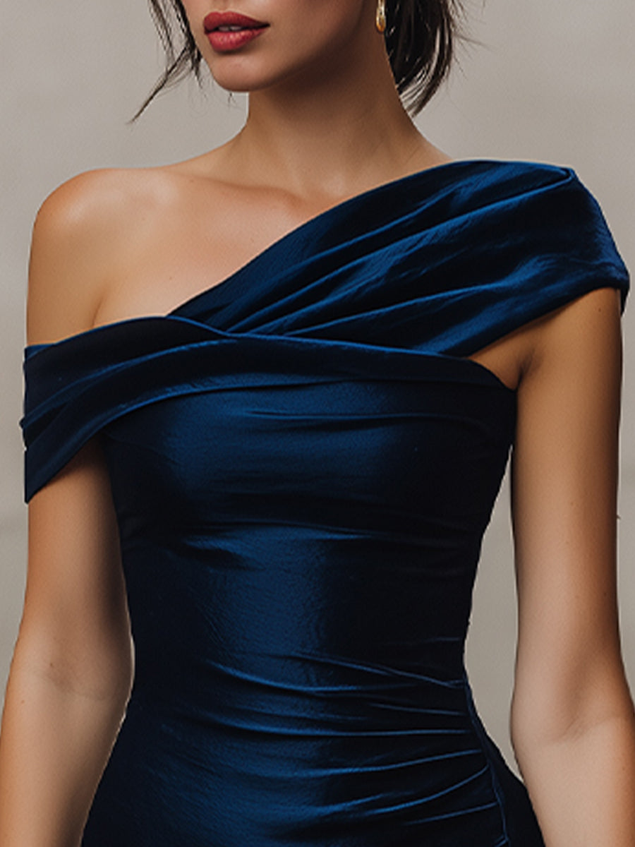 Morgan & Brooke | Midnight Asymmetrical Ruched Stretch Jersey Midi Dress