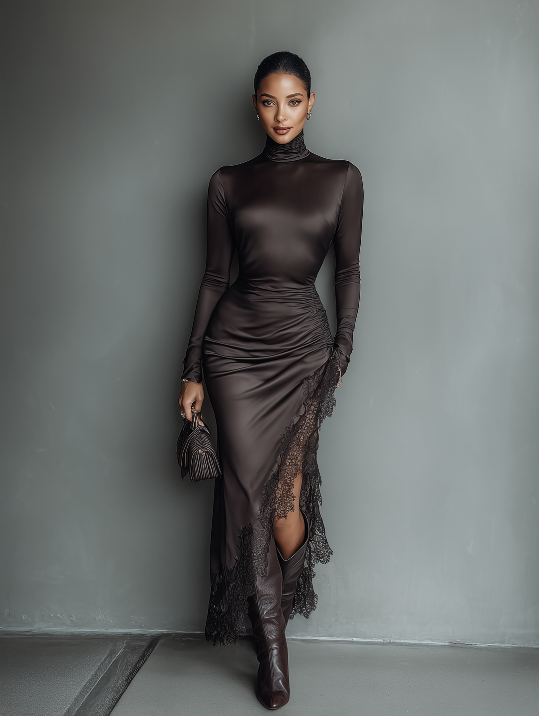 Morgan & Brooke | Dark Brown Satin Irregular Hem Dress