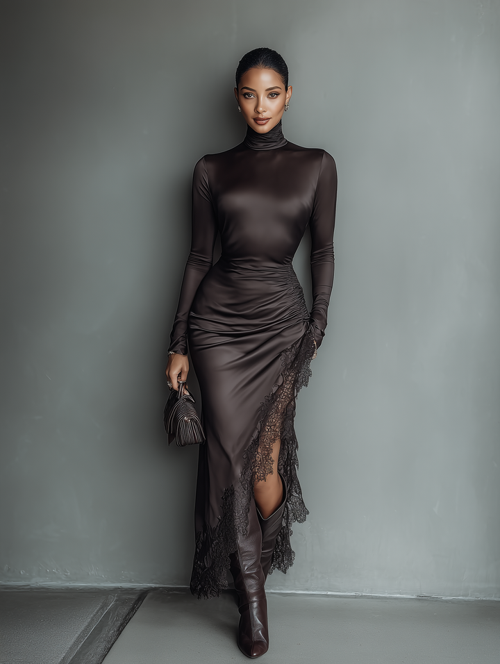 Morgan & Brooke | Dark Brown Satin Irregular Hem Dress