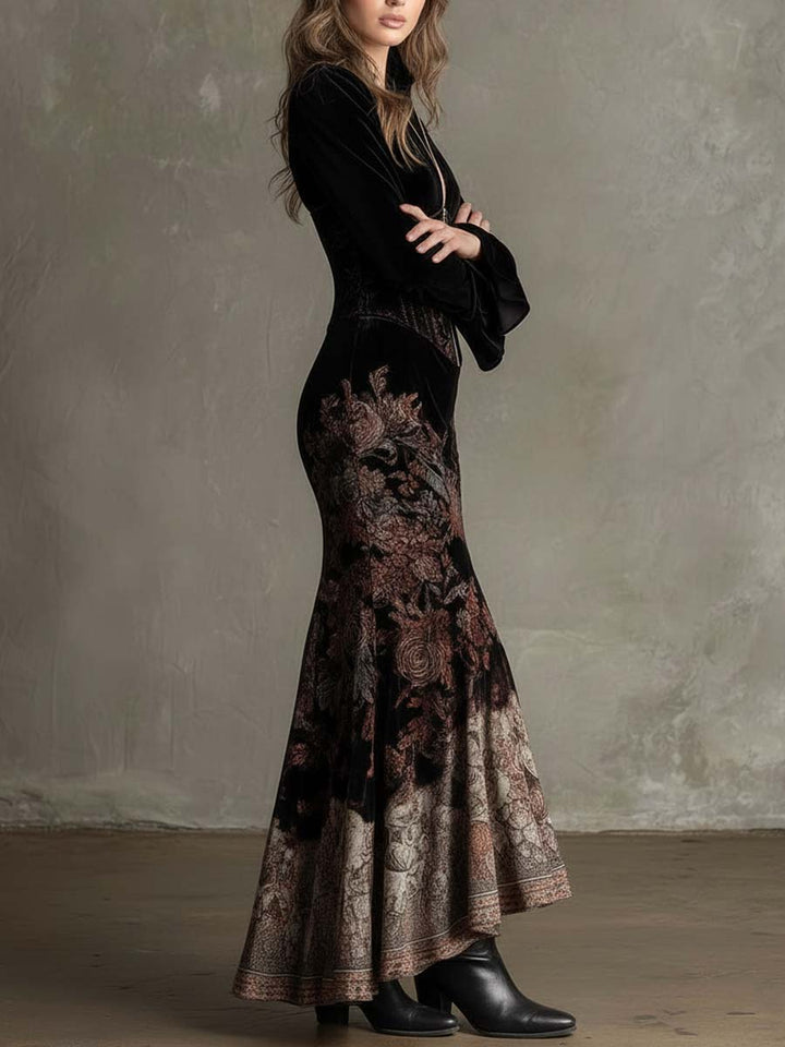 Morgan & Brooke | Baroque Floral Corset-Waist Velvet Maxi Dress