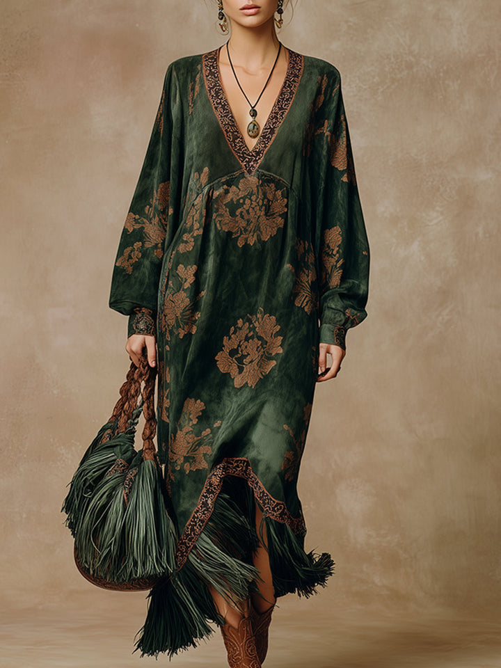 Morgan & Brooke | Green Faux Suede Tassel Dress