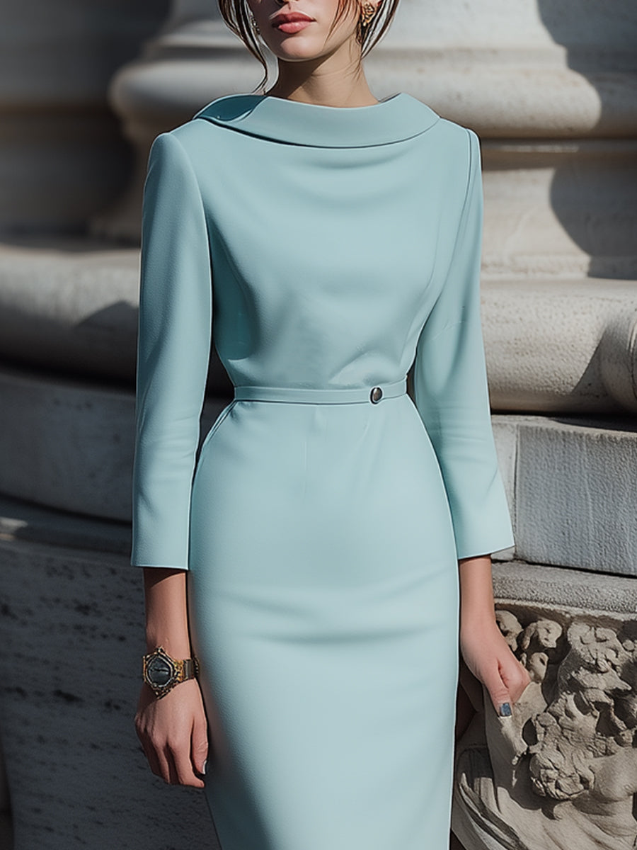 Morgan & Brooke | Powder Blue Draped Collar Pencil Midi Crepe Dress