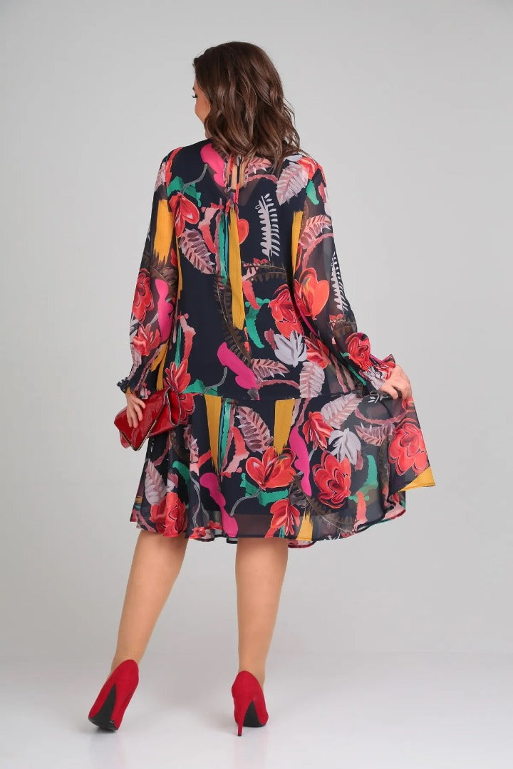 Morgan & Brooke | Multi-Color Floral Print Midi Lightweight Fabric Dress