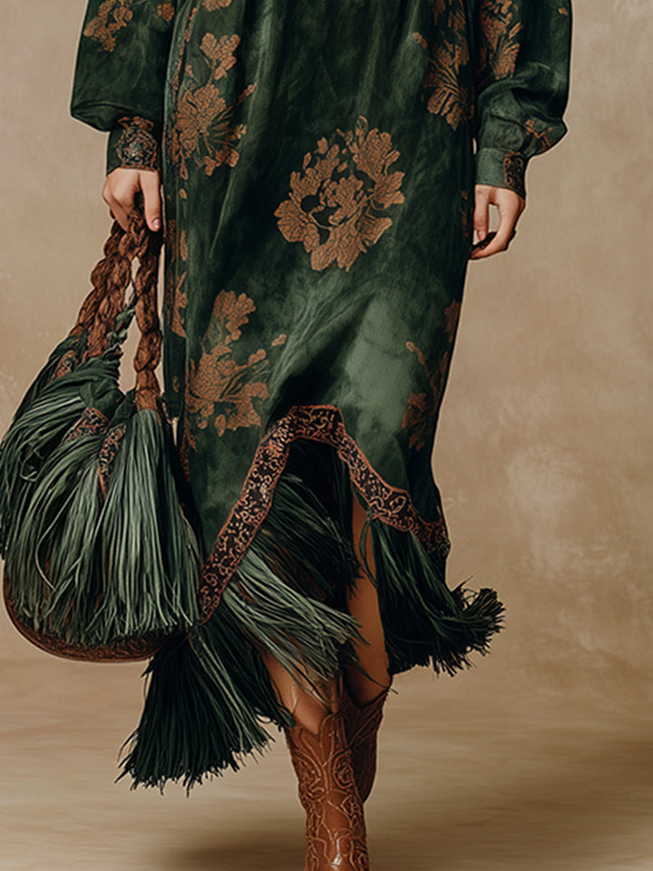 Morgan & Brooke | Green Faux Suede Tassel Dress