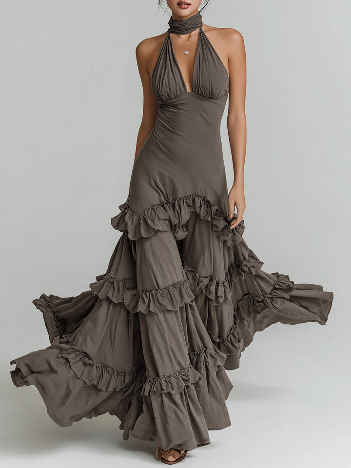 Morgan & Brooke | Ivory Halter Neck Ruffled Viscose Maxi Dress