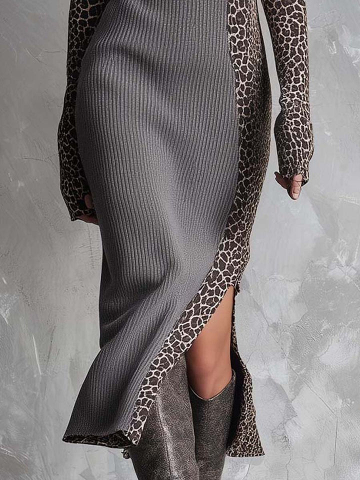 Morgan & Brooke | Leopard-Print Patchwork Ribbed Knit Dress