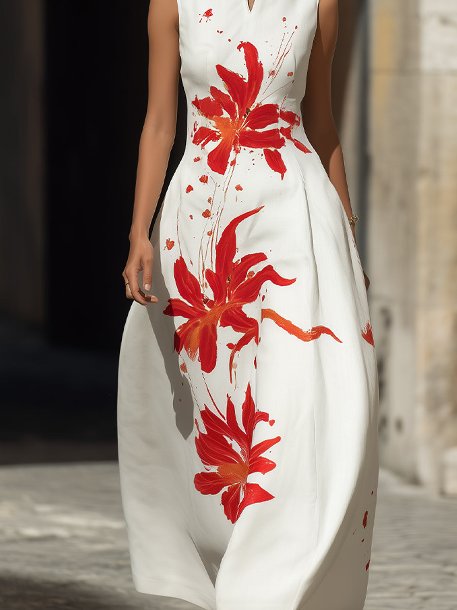 Morgan & Brooke | Red Mandarin-Collar Floral Maxi Dress