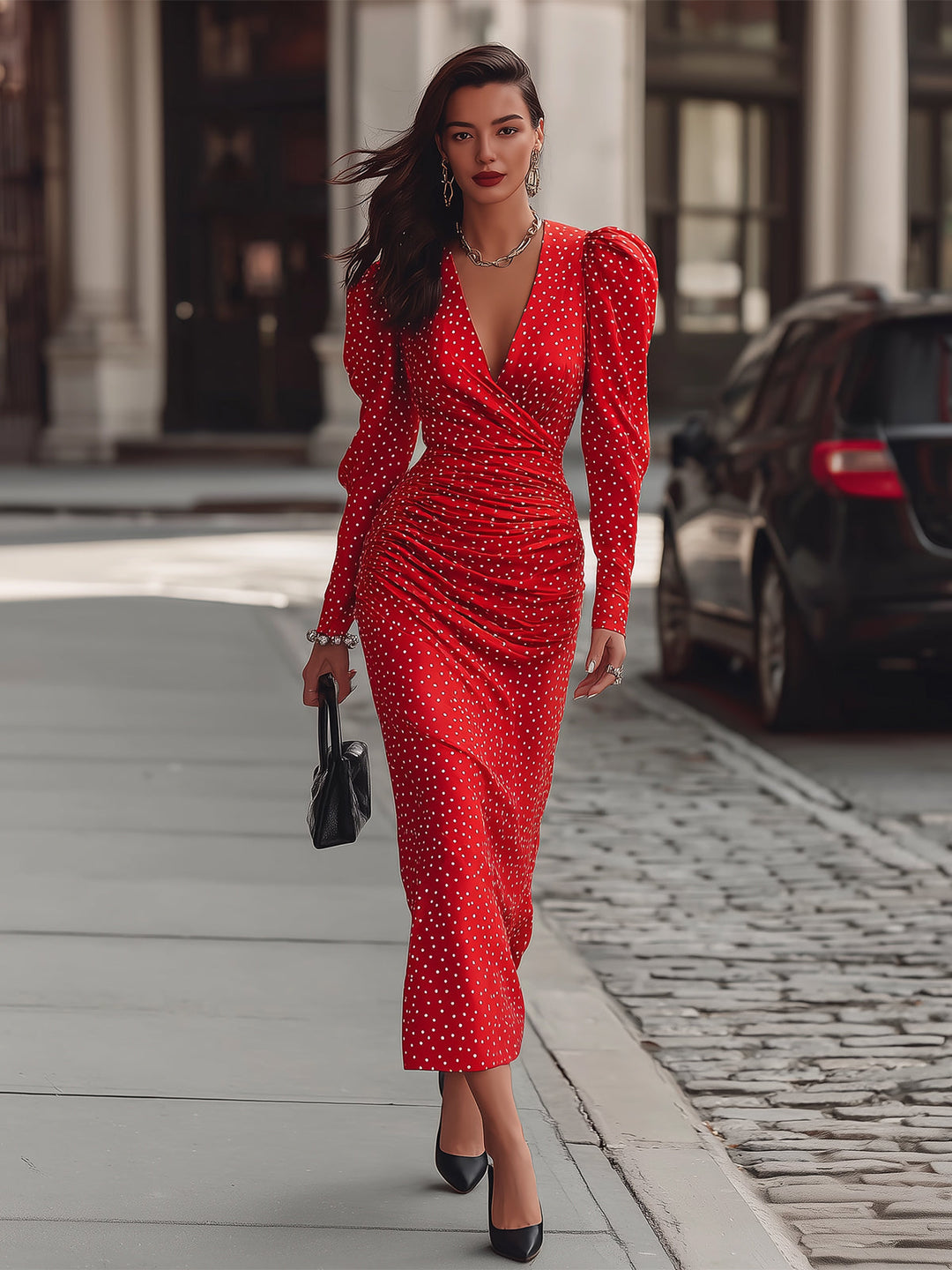 Morgan & Brooke | Red Polka Dot Midi Satin Dress