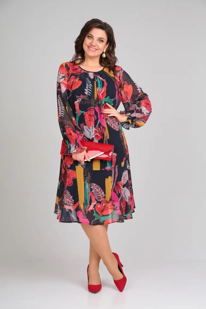 Morgan & Brooke | Multi-Color Floral Print Midi Lightweight Fabric Dress