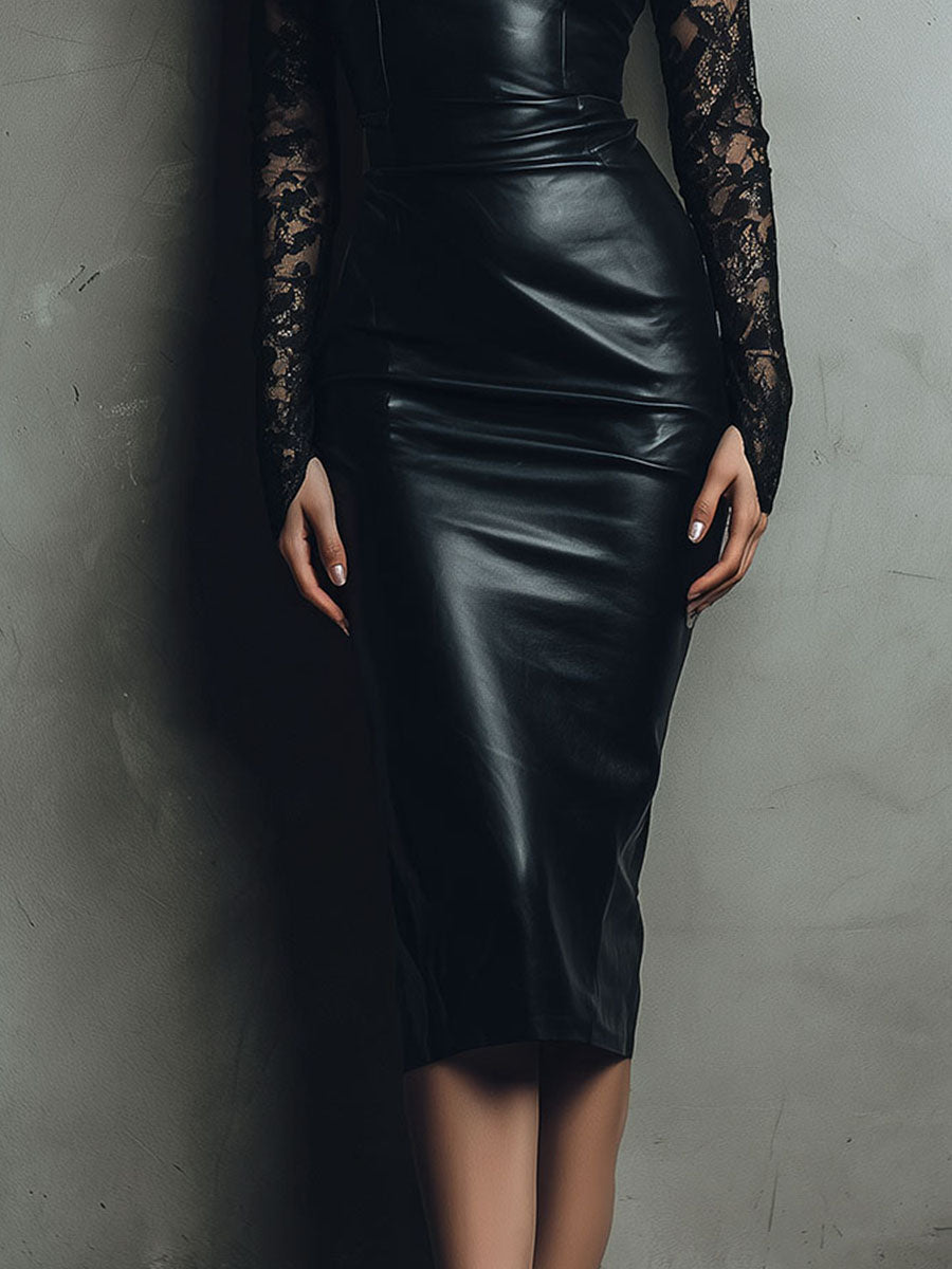 Morgan & Brooke | Black Midi Panelled Eco Leather & Lace Dress
