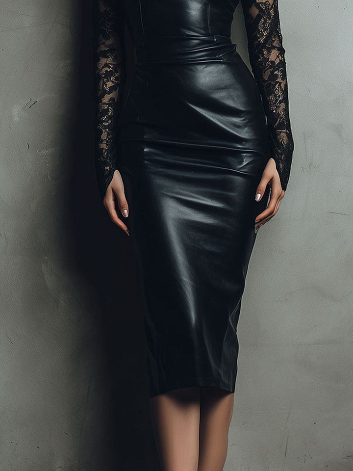 Morgan & Brooke | Black Midi Panelled Eco Leather & Lace Dress