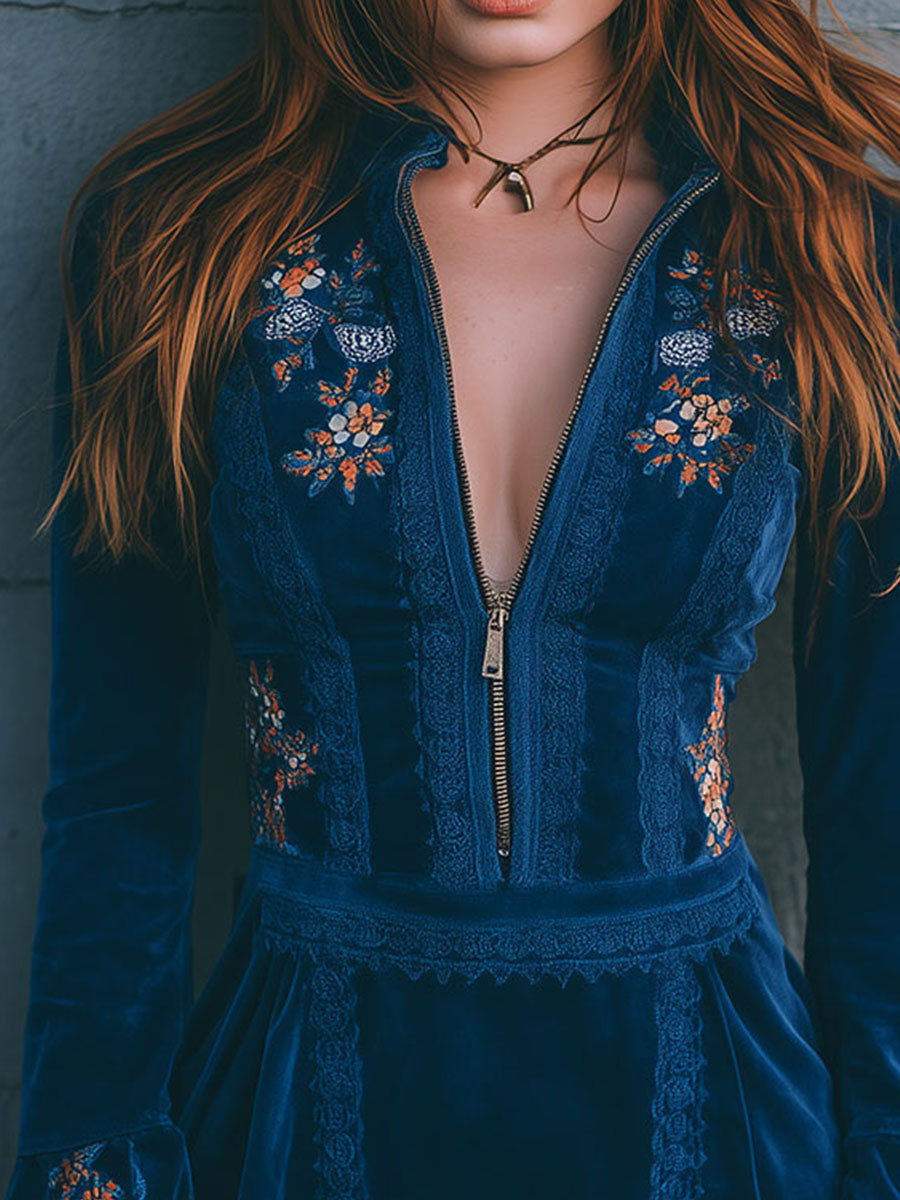 Morgan & Brooke | Blue Velvet Embroidered Casual Dress