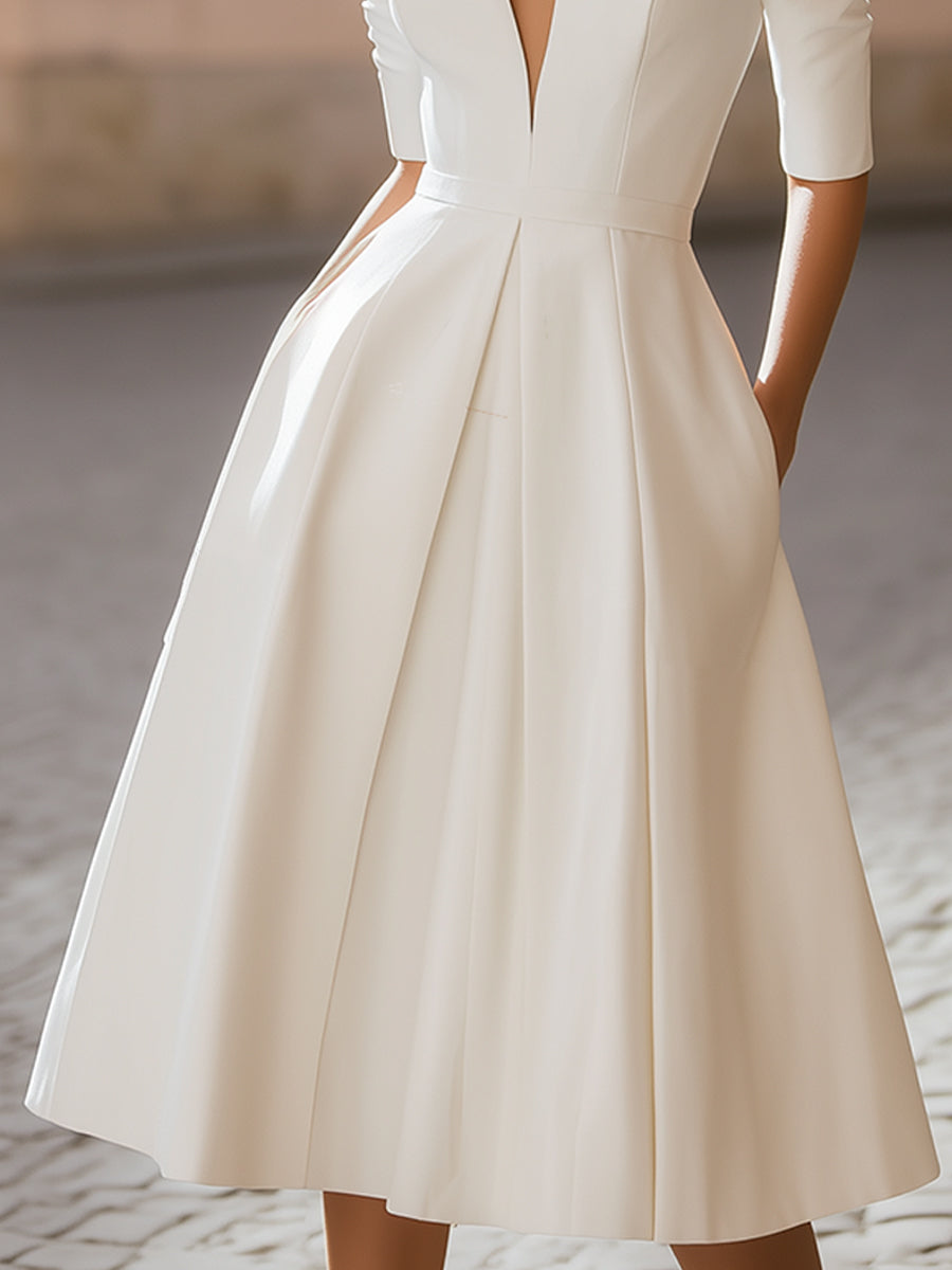 Morgan & Brooke | Deep V-Neck Pleated A-Line Midi Dress
