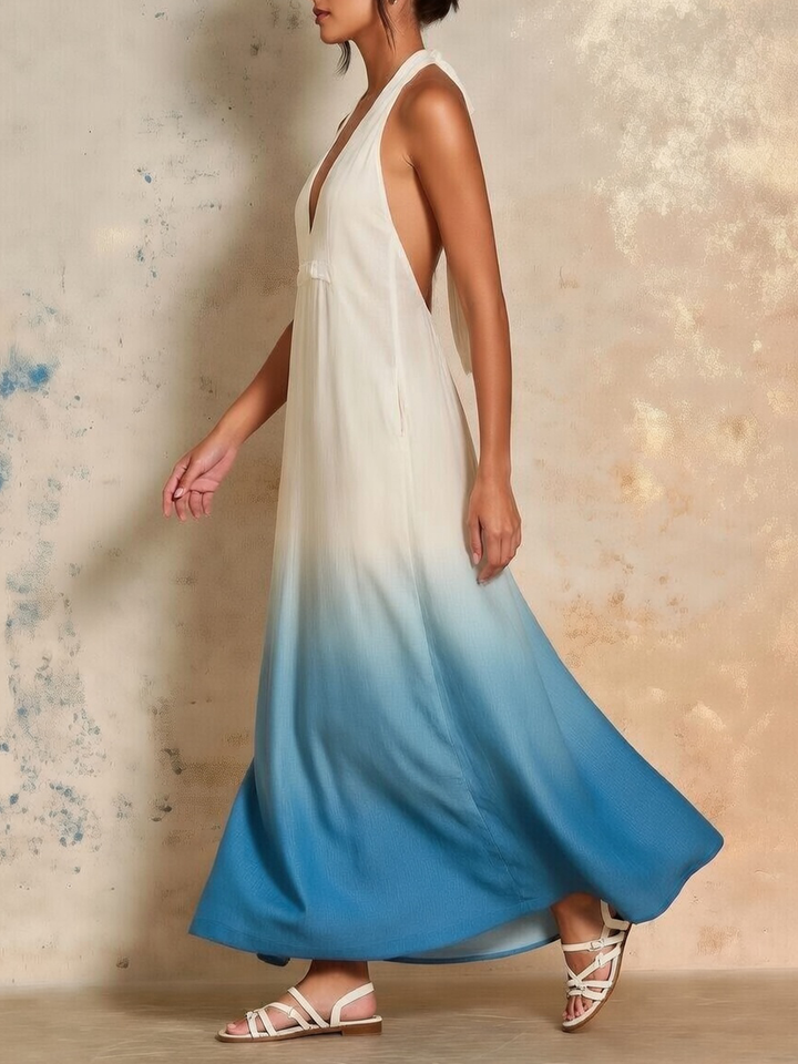 Morgan & Brooke | White-to-Sky Blue Ombre Halter-Neck Maxi Dress