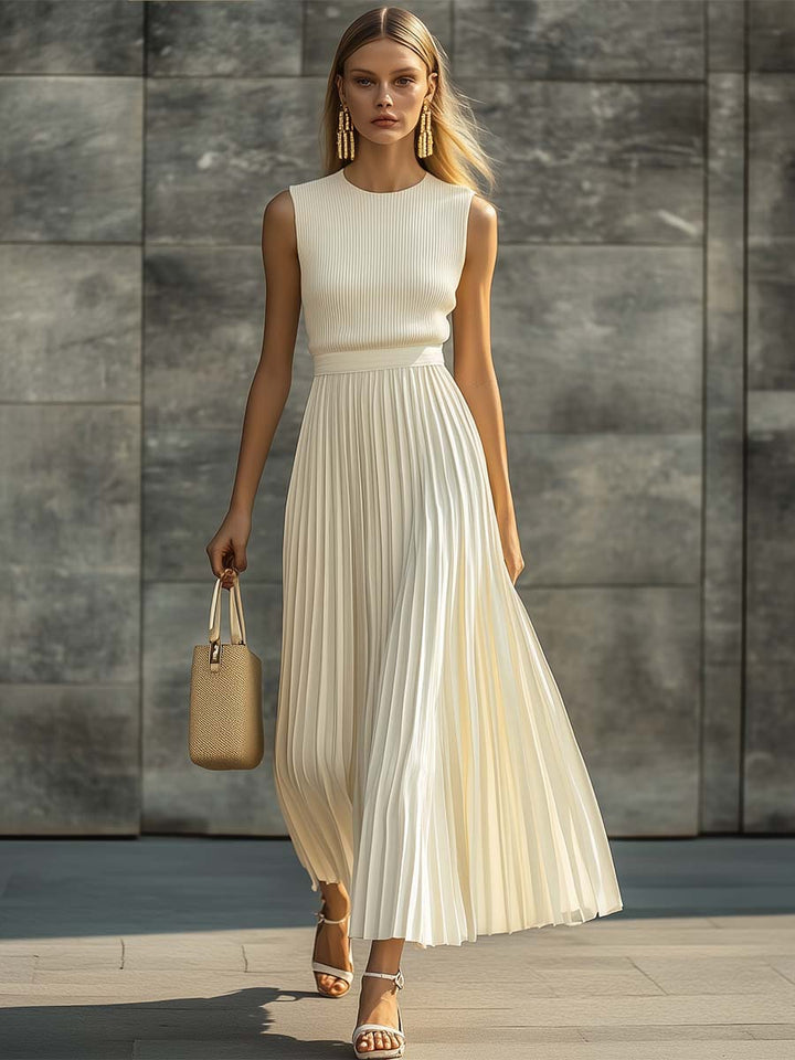 Morgan & Brooke | Cream Chiffon Pleated Casual Dress