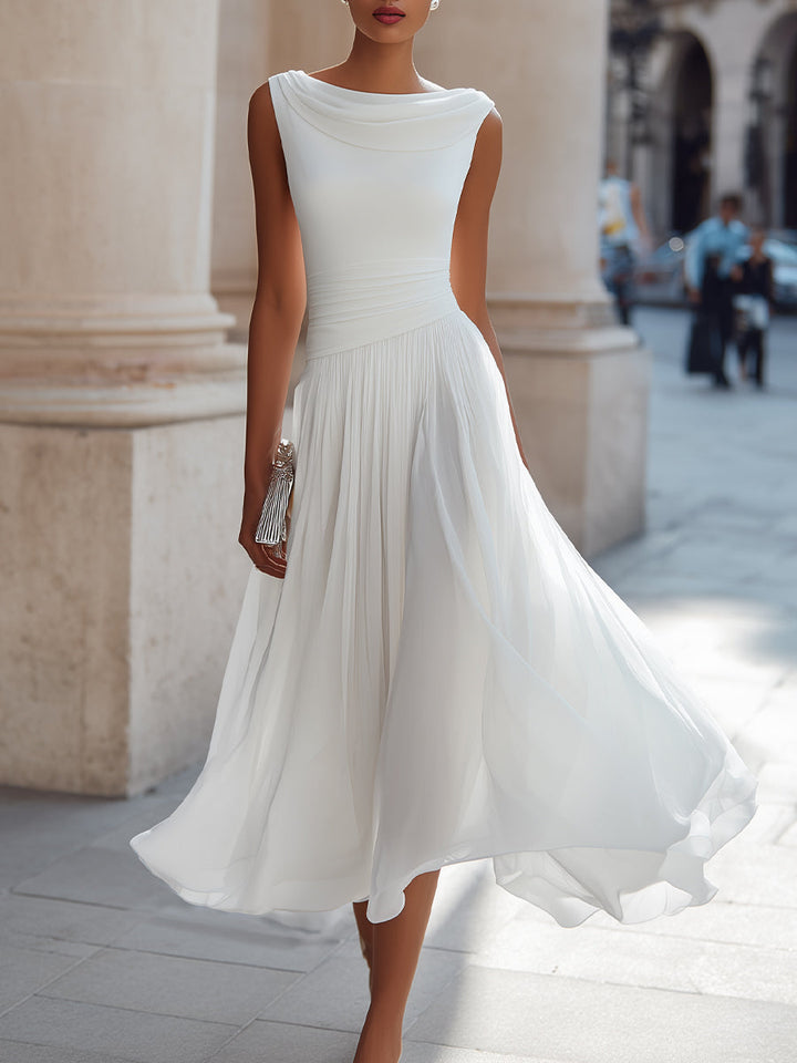 Morgan & Brooke | Draped Neck Sleeveless Pleated Midi Dress